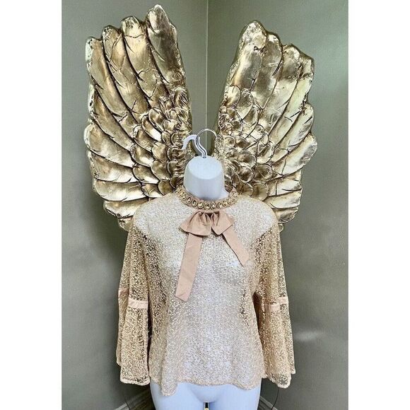 N by Nancy Women's Fishnet Sheer Lace  Champagne Collar Crystals, Size XL - Picture 2 of 16